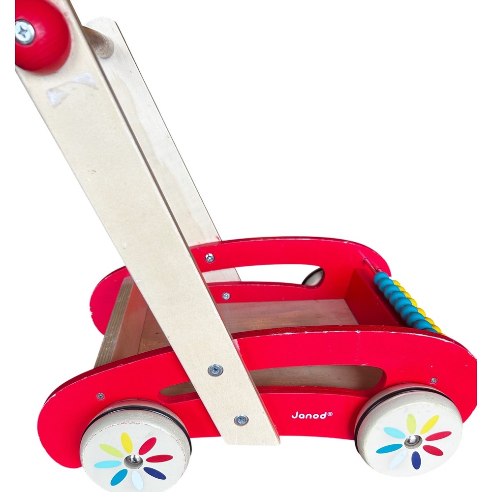 Janod Wooden Walker Wagon with 30 Alphabet Blocks and Abacus Red Multi Color